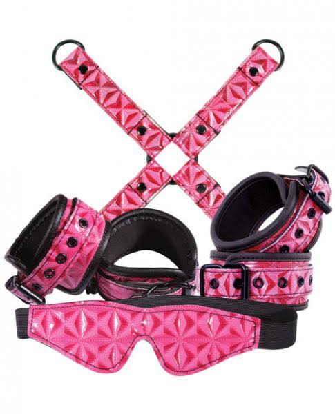 Stylized bondage and fetish gear in a vibrant pink color with bold geometric patterns.