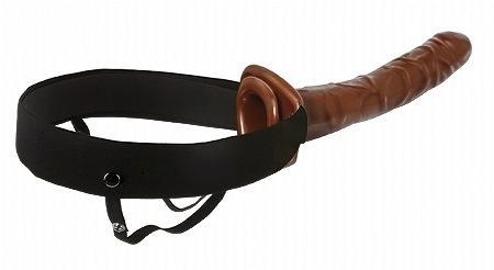 10in chocolate-colored hollow strap-on with black harness for men's intimate pleasures from Pipedream Products, a leading adult entertainment toy brand.