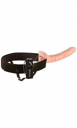 10-inch beige vibrating hollow strap-on dildo in a black harness displayed in the product image.